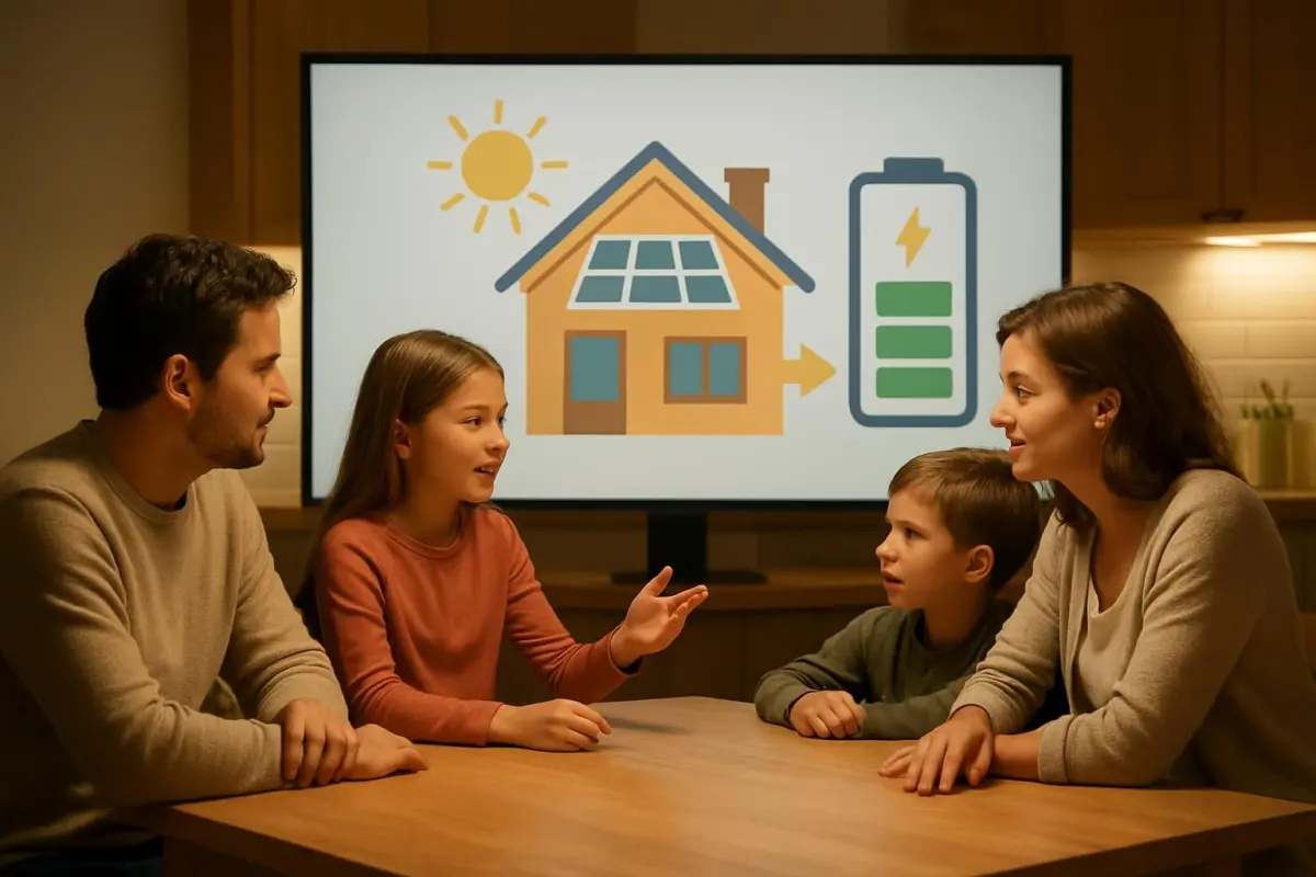 Gezin bespreekt zonne-energie voordelen