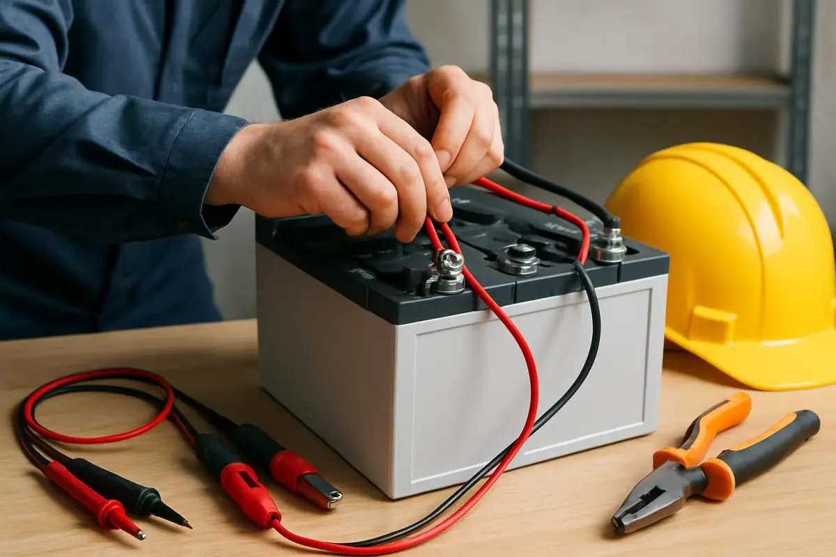 Technicus verbindt draden aan de thuisbatterij.