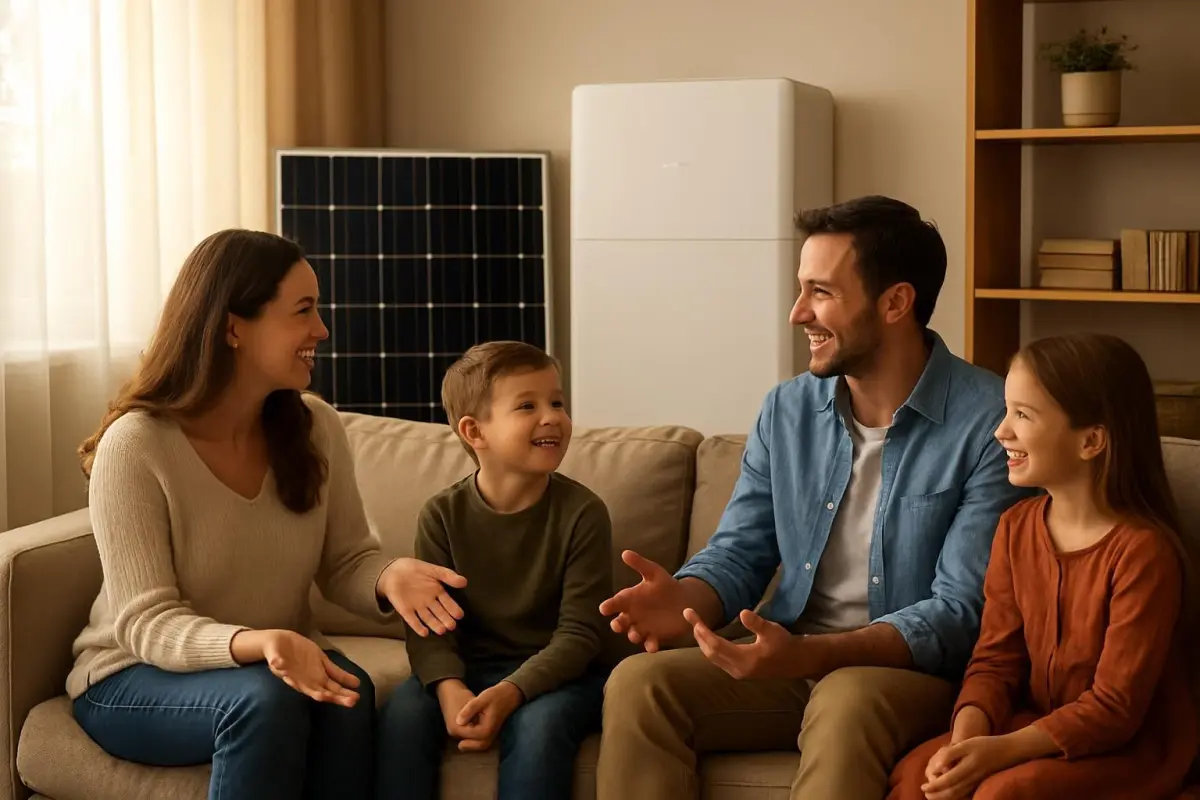 Gezin bespreekt de voordelen van zonne-energie.