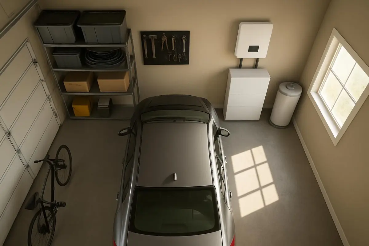 Overzicht van een garage met een thuisbatterijsysteem.