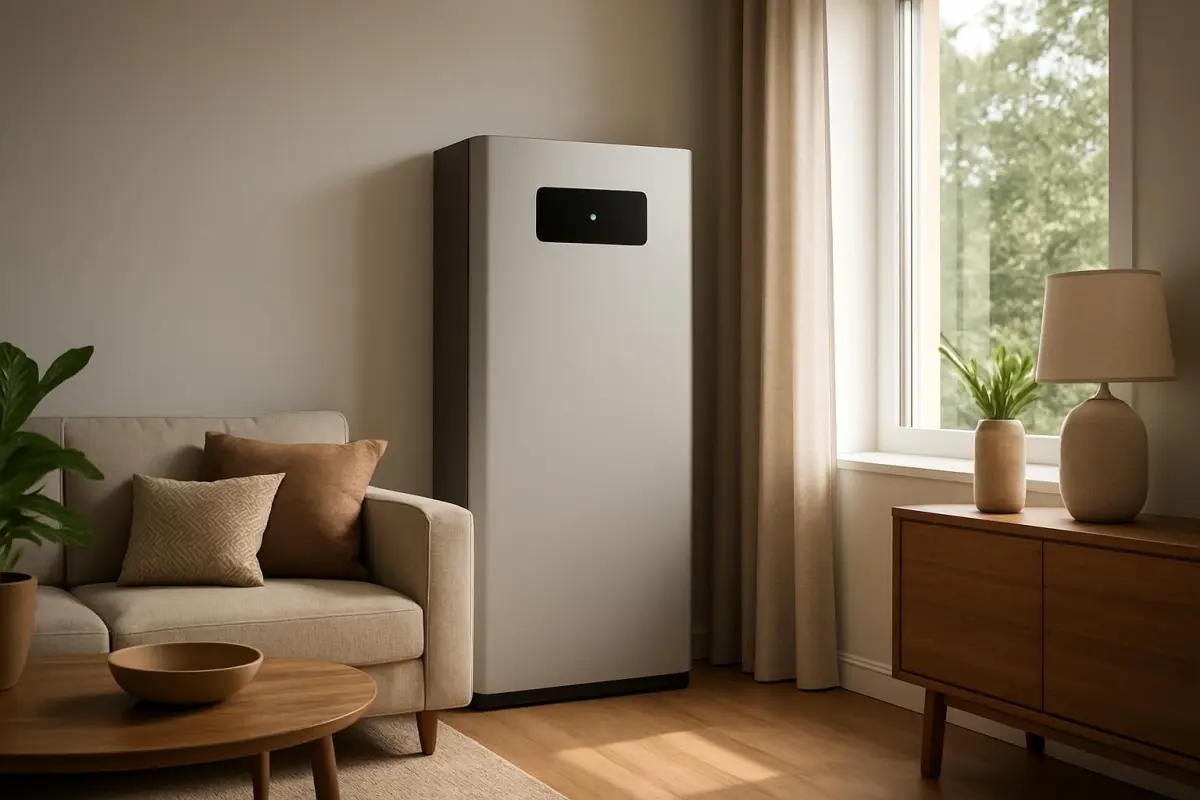 Moderne woonkamer met geavanceerde energieopslag.