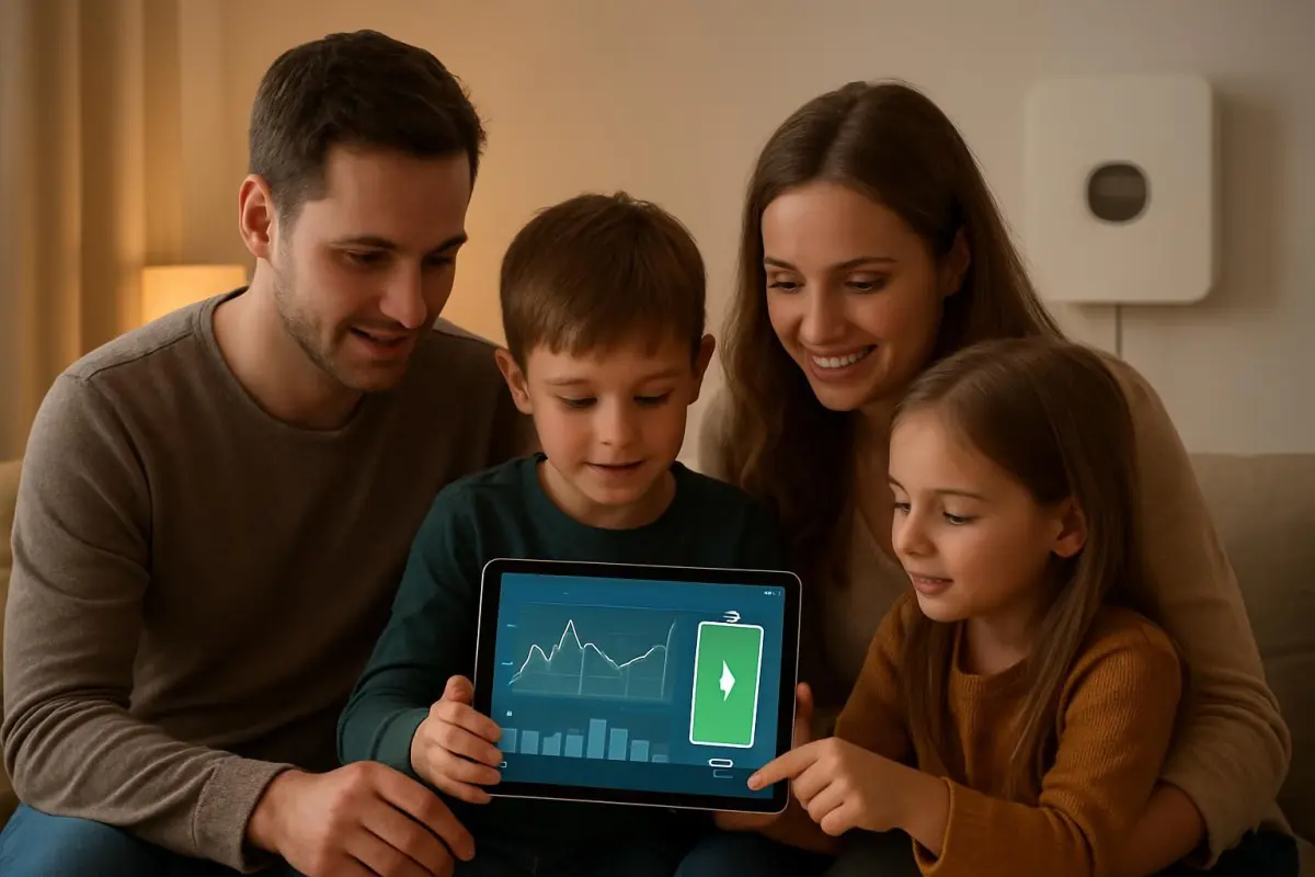Gezin bekijkt energiegegevens op een tablet.