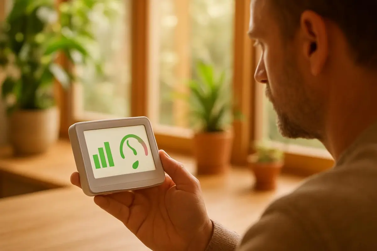 Huiseigenaar bekijkt energiemonitor in de woonkamer.