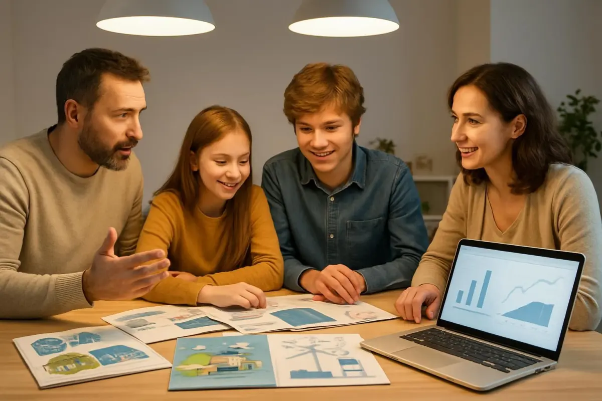 Gezin bespreekt energieopties aan de keukentafel.