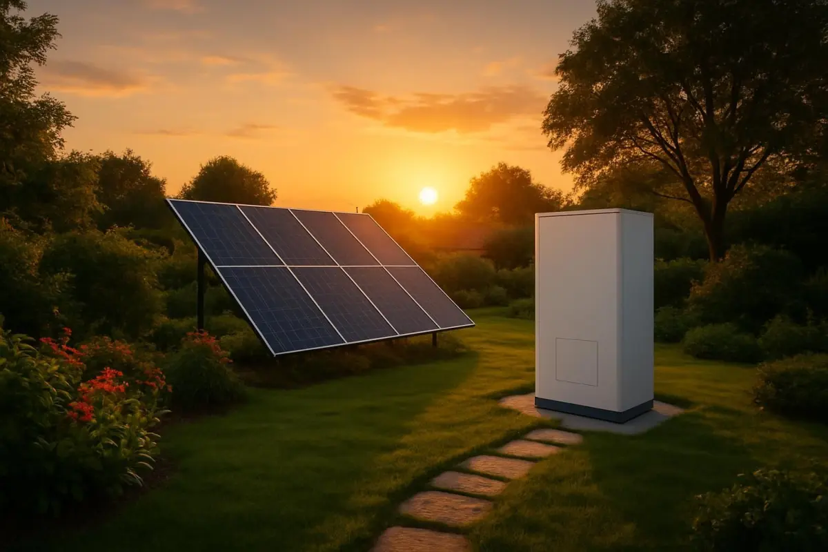 Tuin met zonnepanelen en thuisaccu bij zonsondergang.