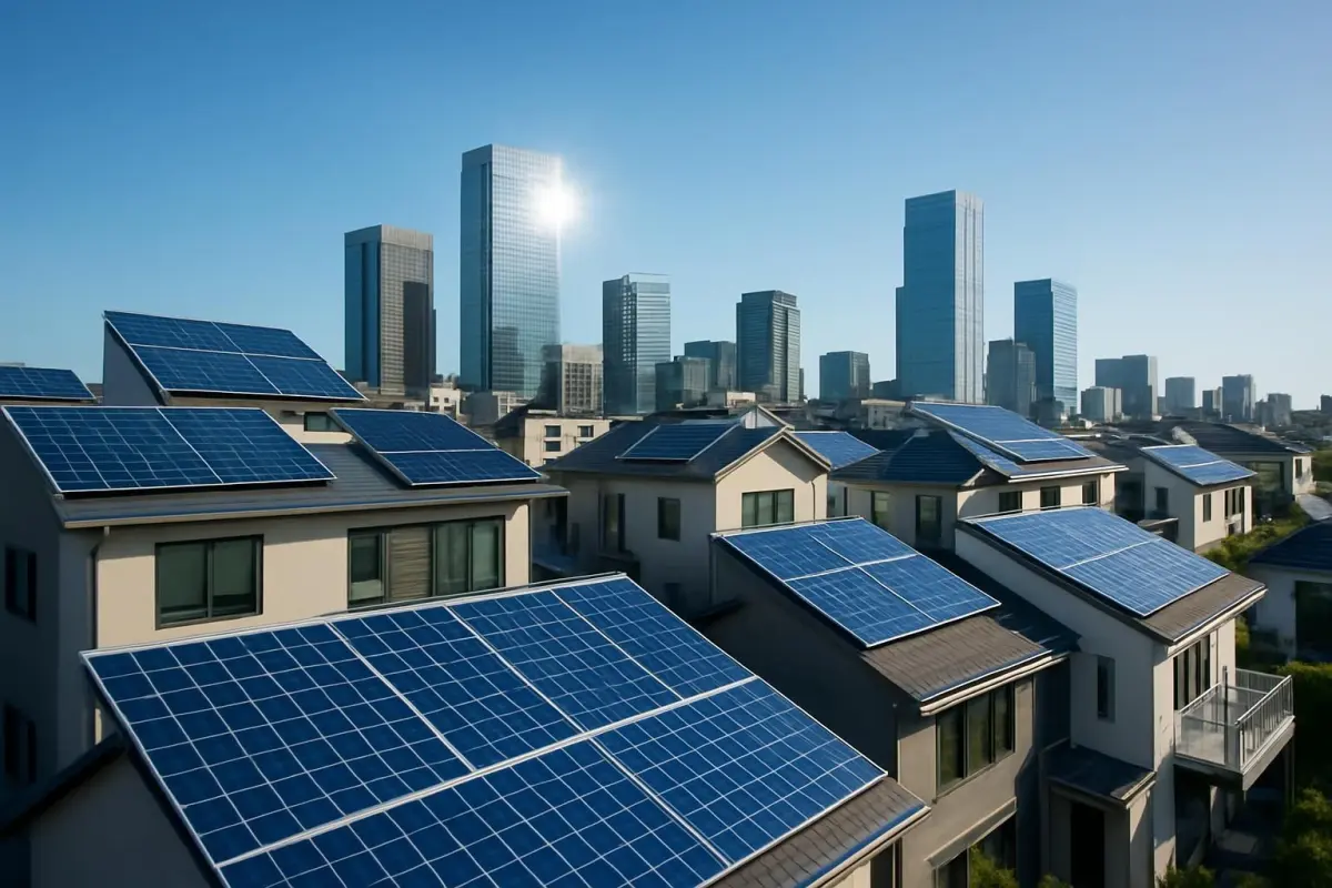 Stadsgezicht met zonnepanelen op daken