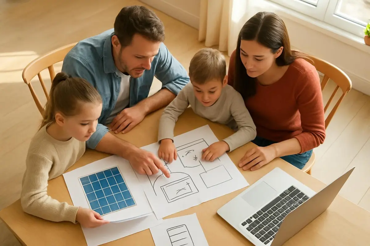 Gezin bespreekt installatieplan voor thuisaccu