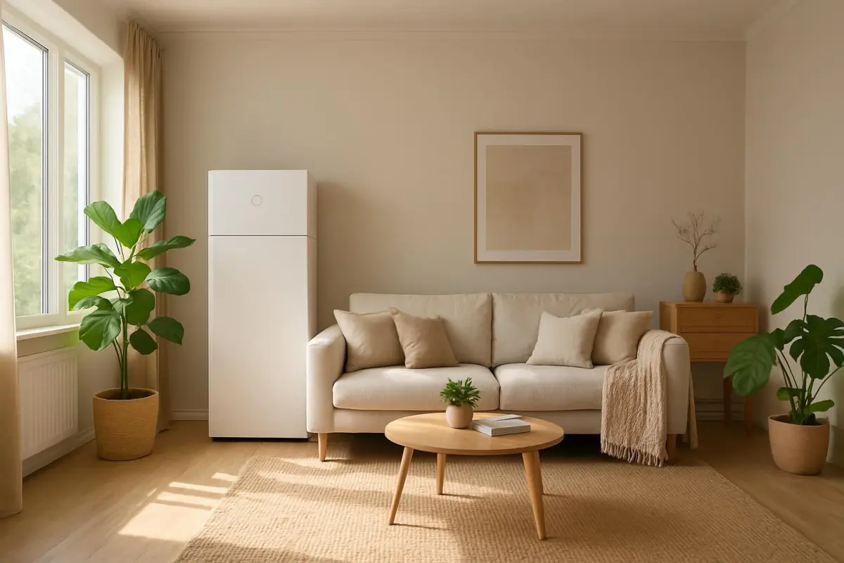 Moderne woonkamer met een geïntegreerde thuisaccu.