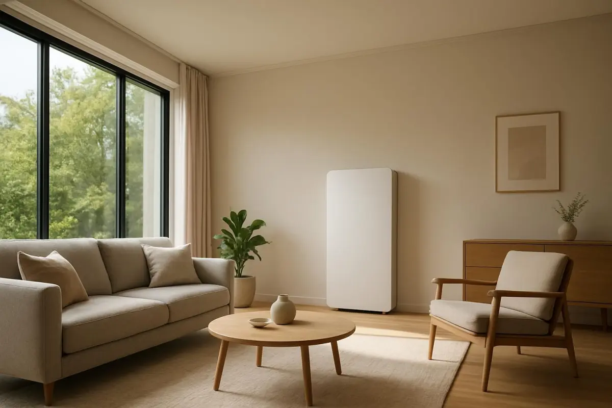 Moderne woonkamer met een geïnstalleerde thuisaccu.